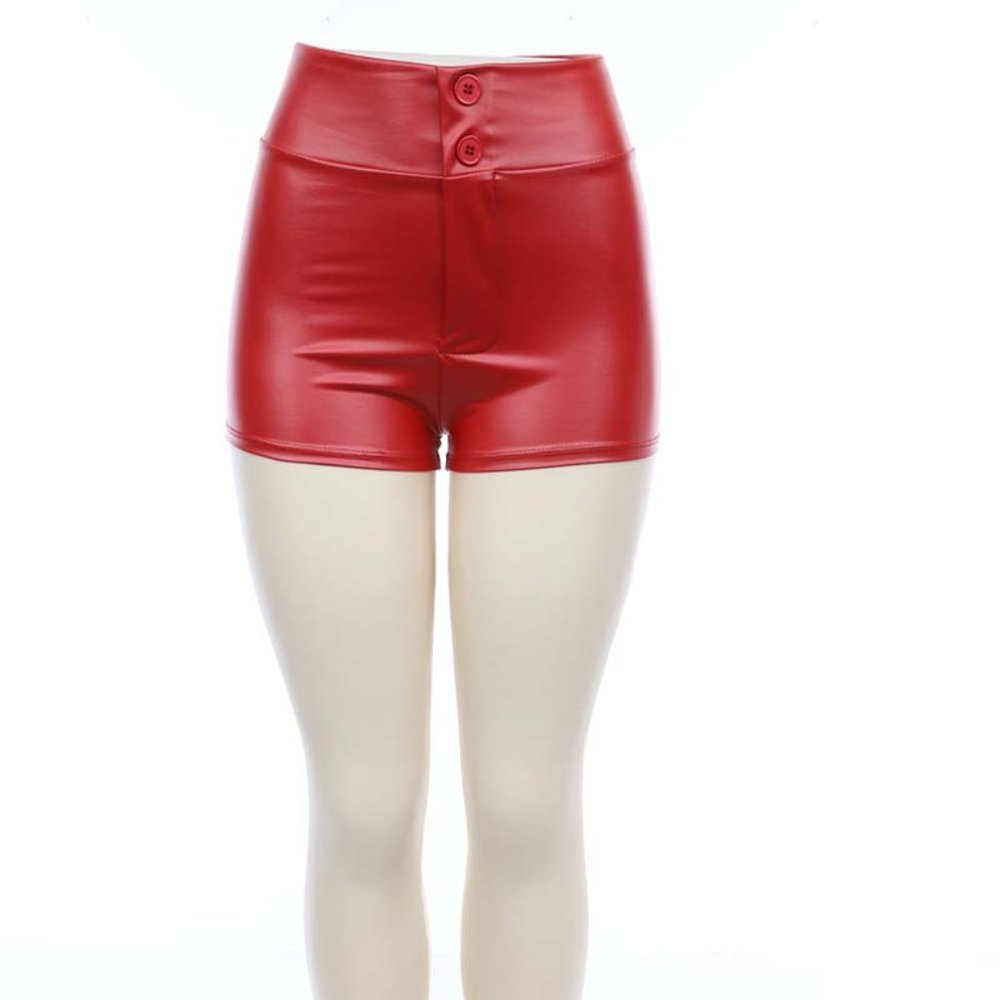 USA HIGH WAISTED BEAUTIFUL WOMEN PU LEATHER SHORT PANTS With two buttons NEW RED
